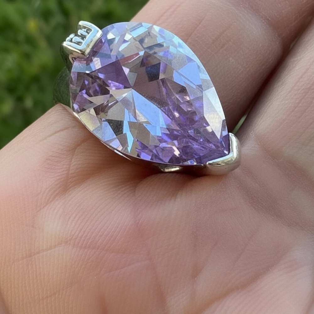 Stunning Statement Ring: Sterling Silver Plated with Large Faux Amethyst
